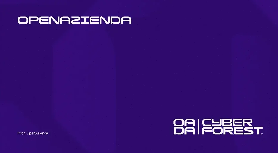 Slide istituzionale OpenAzienda con identità visiva CyberForest su fondo viola, utilizzata in presentazioni strategiche.