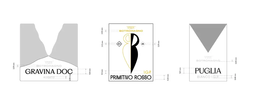 Studio tecnico di wine label design per le linee Gravina DOC, Monovarietali e Puglia IGP di Botromagno.