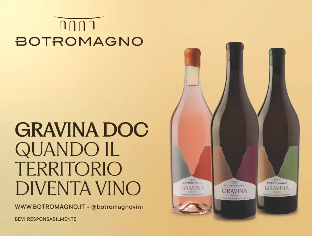 Visual pubblicitario Botromagno Gravina DOC con claim Quando il territorio diventa vino e gamma completa delle bottiglie.