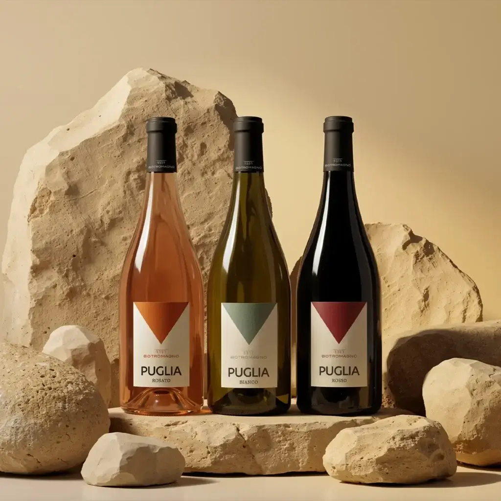 Packaging design della linea Puglia IGP Botromagno ambientata tra rocce calcaree che richiamano il territorio della Murgia.