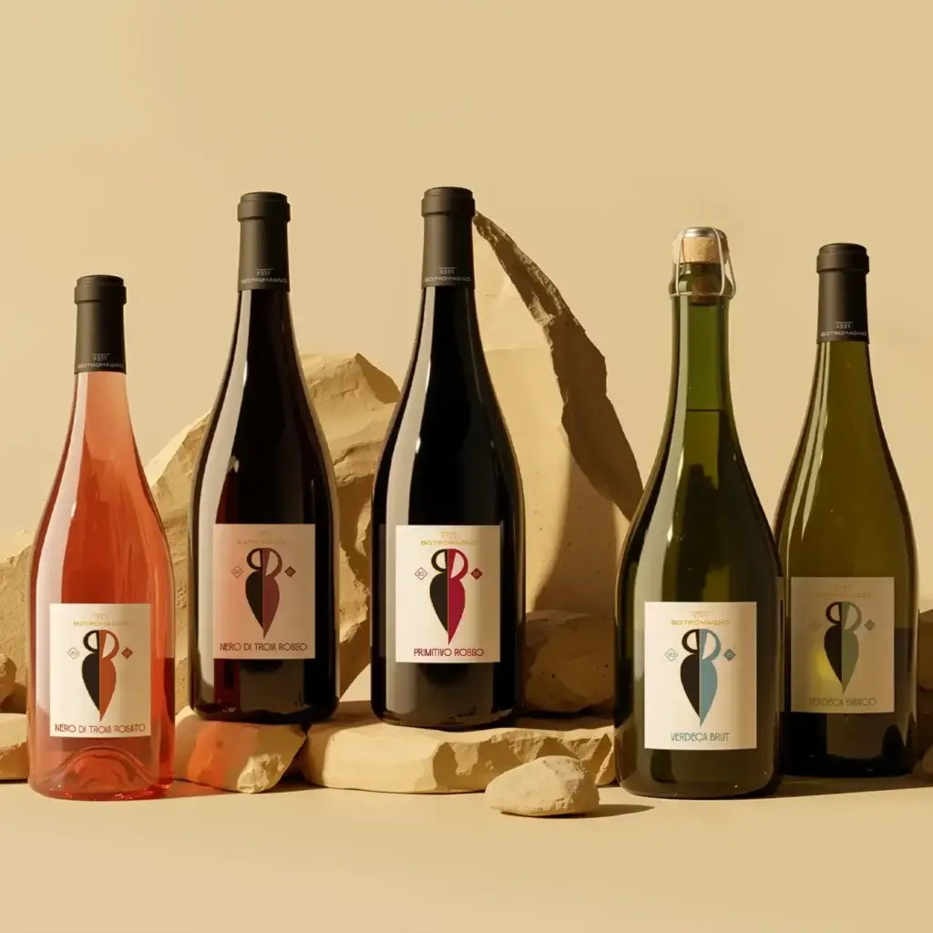 Brand architecture Botromagno con linea monovarietale composta da vini rossi, rosati, bianchi e spumanti.